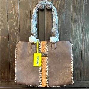 Wrangler Leopard Accent Brown Tote
